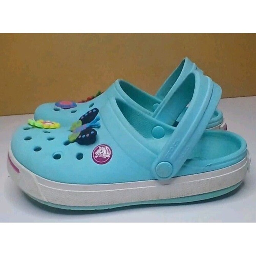 Crocs Kids Girls Sz C 12/13 Aqua Blue /Pink White w Charms Flowers Butterflies - Picture 8 of 16